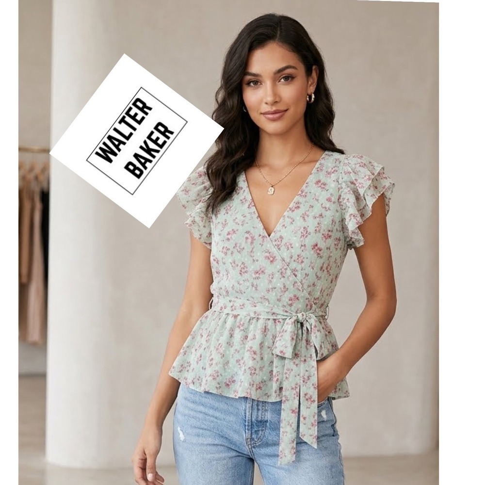 Walter Baker Mint Green‎ Floral Clip Dot Wrap Top Ruffle Sleeve Peplum Blouse M